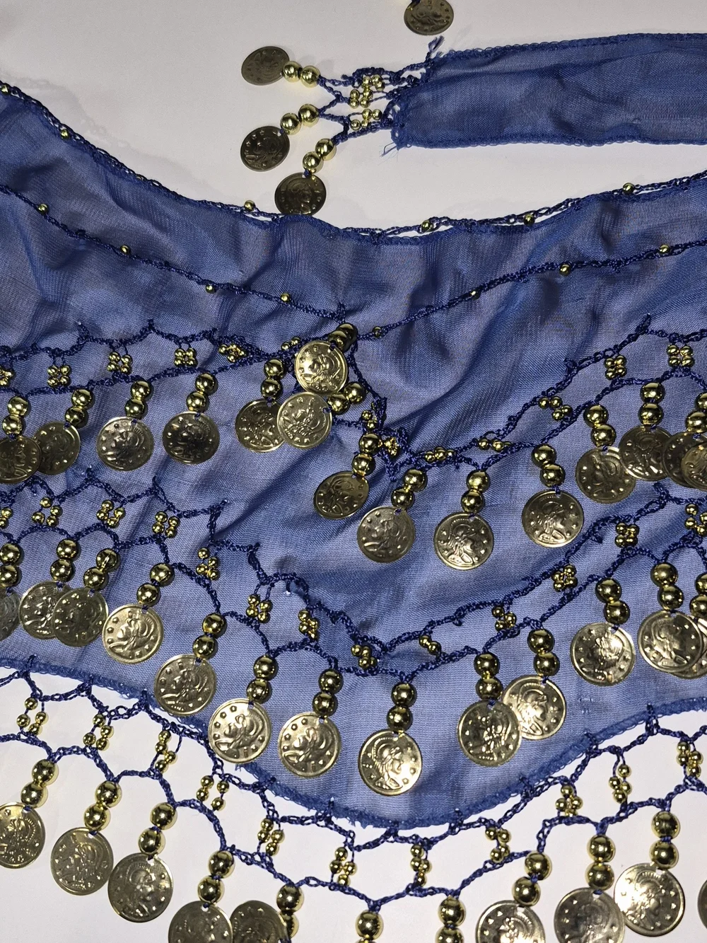 Gold Coin Fringe Belly Dance Hip Scarf - Blue
